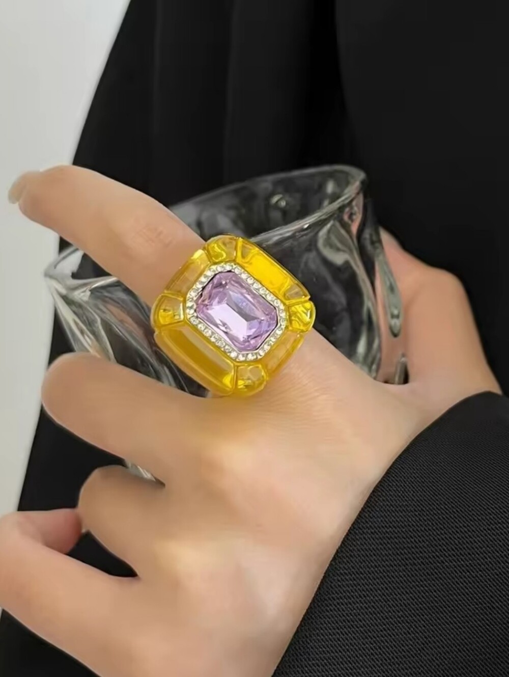 Yellow Resin & Lilac Rhinestone Ring, Diamond Studded, Similar to Swarovski NWOT